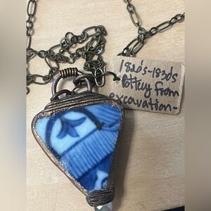 Vintage Artisan made Blue and White pottery  Pendant Necklace